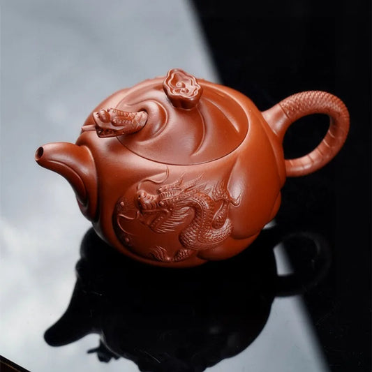 Yixing Purple Clay Master Pure Handmade Small Coal Kiln Vermilion Mud Fish Hualong Pot High End Household Kung Fu Tea Set