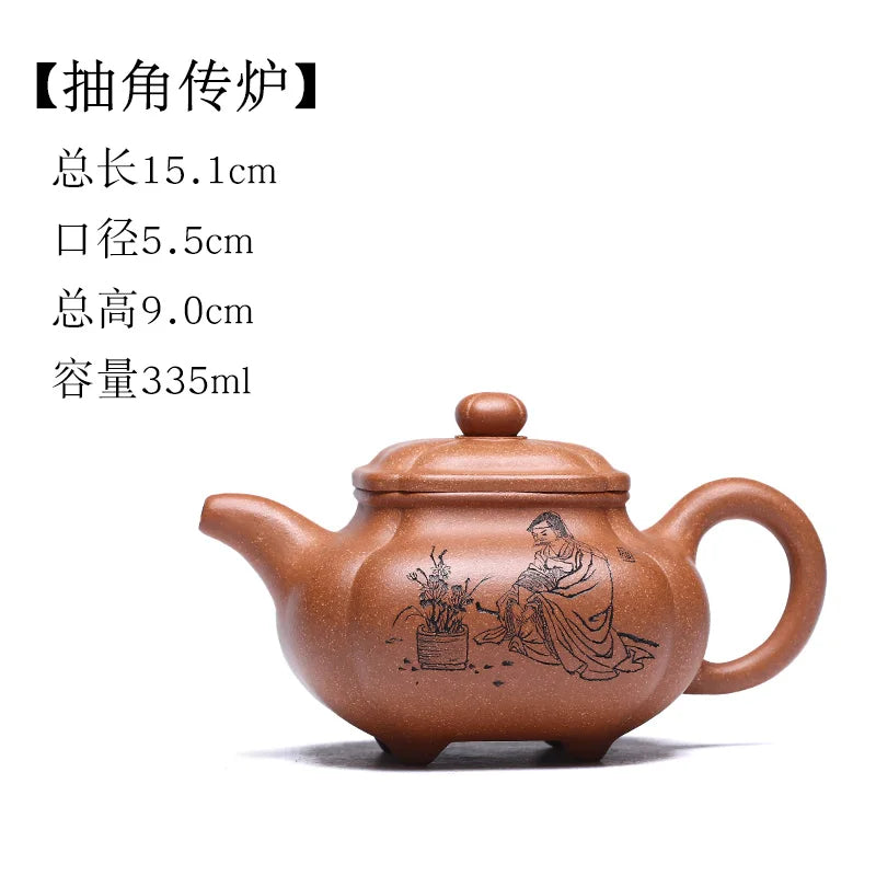 Yixing Purple Clay Pot Pure Handcarved Tea Raw Mineral Cold Gold Yellow Mud Set With Corner Rib Pattern