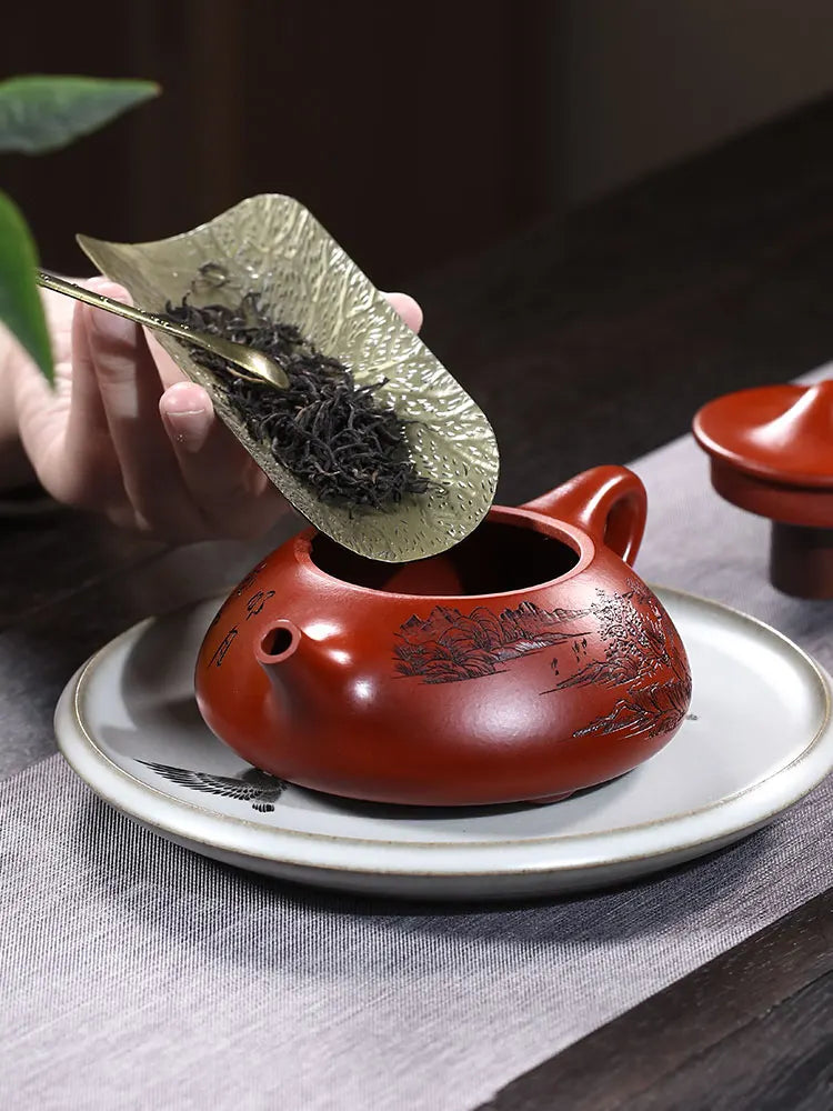 Yixing Purple Clay Pot Pure Handmade By Famous Artist Engraved Tea Set Single Raw Mine Dahongpao Flat