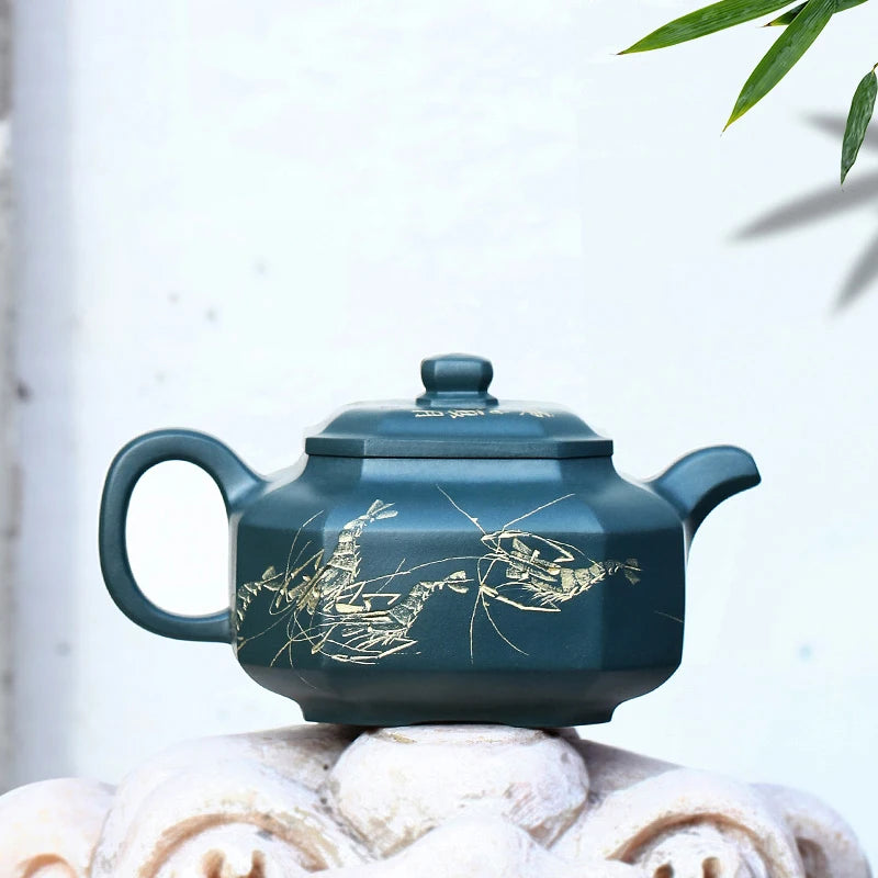 Yixing Purple Clay Teapot Handmade Carved Teapot High-Grade Purple Sand Tea Set Raw Ore Republic Of China Green Clay Square Pot