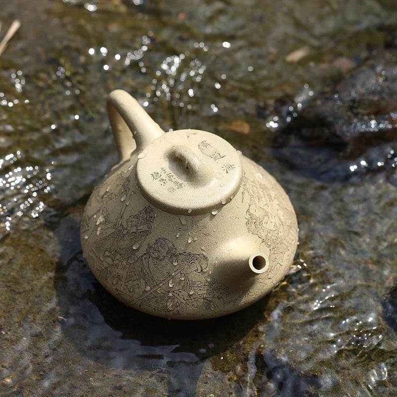 Yixing Purple Sand Pot, Benshan Green Mud Zi Smelting Stone Ladle, National Worker Wu Derong, Handcrafted And Painted With Eight