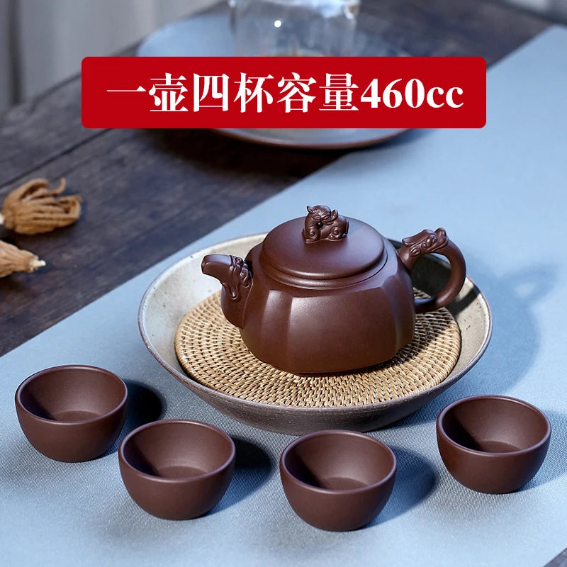 Yixing Sifang Pot Pure Handmade Large Capacity Raw Mine Old Purple Clay Tea Set High End Gift