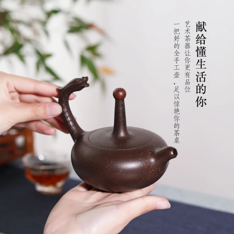 |Yixing purple clay pot famous pure handmade raw ore Purple mud double dragon playing with beads Kung Fu tea pot tea set