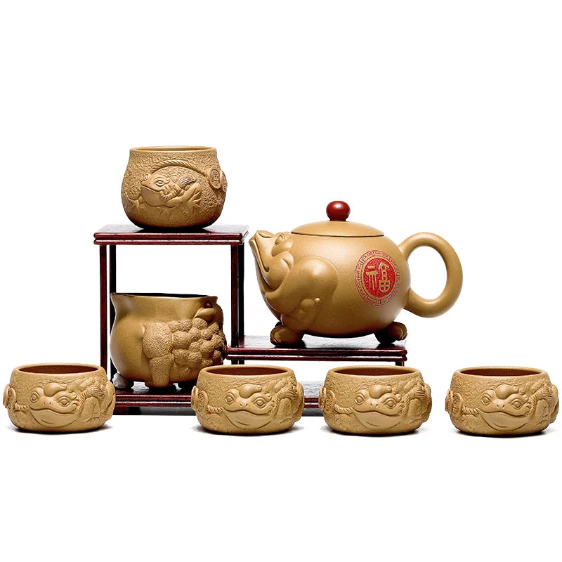 |Yixing purple clay pot pure handmade authentic Teapot Set household famous master Xie Daoli Fuyun Golden Toad