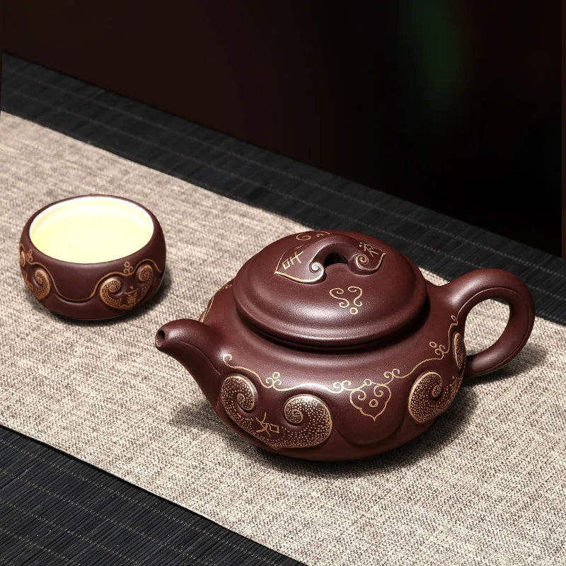 |Yixing purple clay pot pure manual raw ore old Purple mud household large capacity famous auspicious pot tea set set