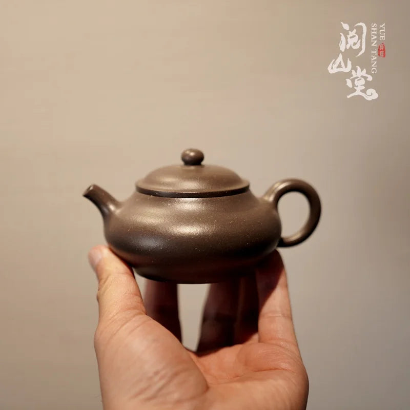 Yueshan Hall | Ming-Style Flat Oval Tea Pot Sky Blue Mash High Temperature Colorful Gold Segment Mud Lin Xiaolong Handmade