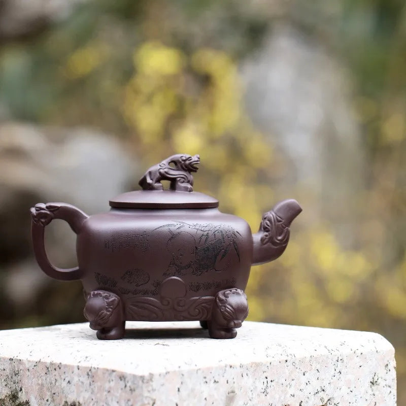 Zanghutianxia Large Capacity Yixing Purple Clay Teapot Hand-Carved Purple Sand Tea Set Raw Ore Purple Clay Teapot Square Pot All