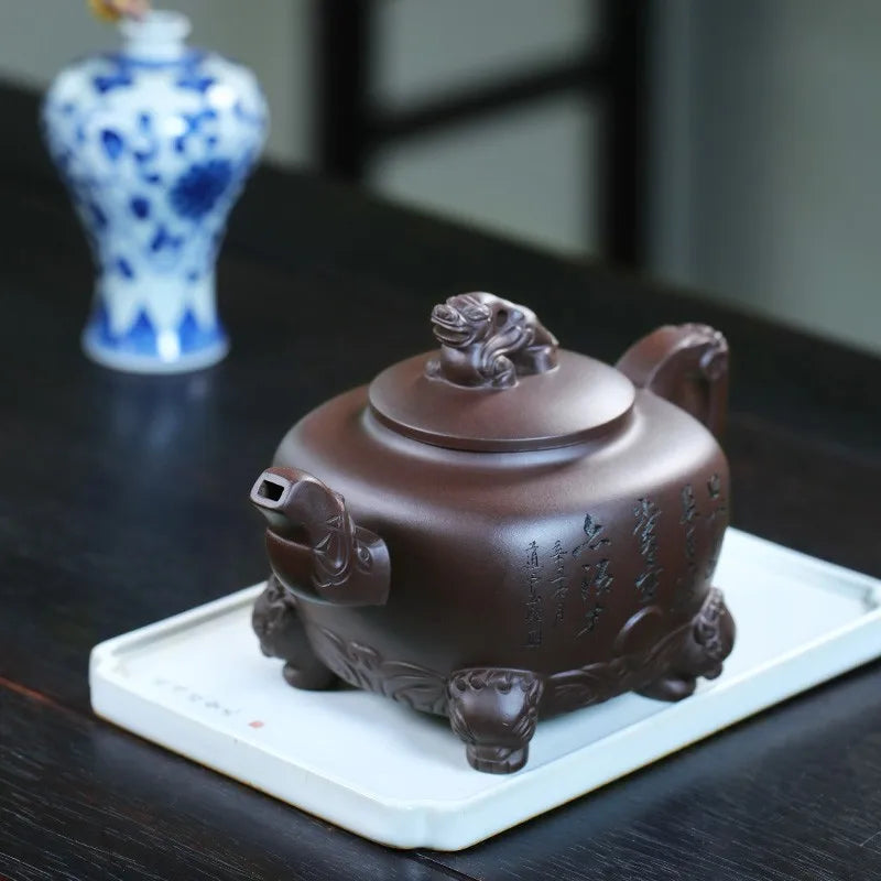 Zanghutianxia Large Capacity Yixing Purple Clay Teapot Hand-Carved Purple Sand Tea Set Raw Ore Purple Clay Teapot Square Pot All