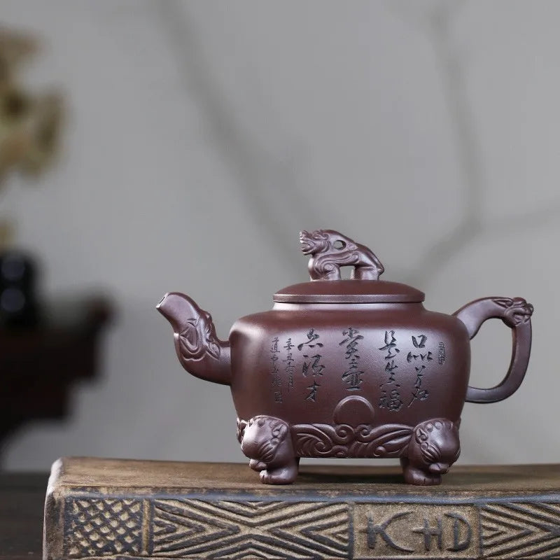 Zanghutianxia Large Capacity Yixing Purple Clay Teapot Hand-Carved Purple Sand Tea Set Raw Ore Purple Clay Teapot Square Pot All