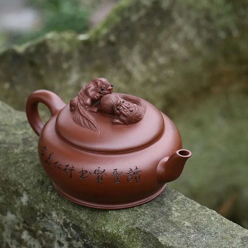 Zanghutianxia Yixing Purple Clay Pot Hand-Carved Purple Sand Tea Set Raw Ore Purple Cinnabar Sand Teapot Double Lion Play Bead P