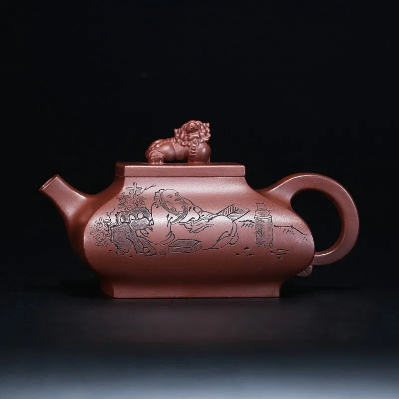 Zanghutianxia Yixing Purple Clay Pot Hand-Carved Purple Sand Tea Set Raw Ore Purple Cinnabar Sand Teapot Double Lion Play Bead P