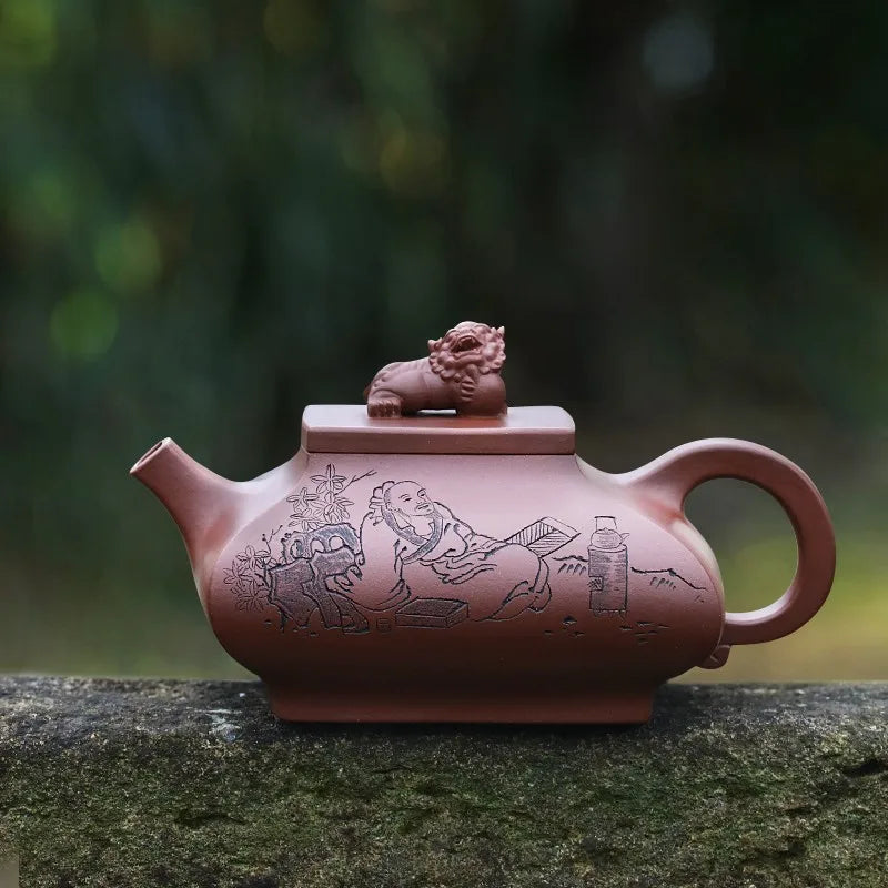 Zanghutianxia Yixing Purple Clay Pot Hand-Carved Purple Sand Tea Set Raw Ore Purple Cinnabar Sand Teapot Double Lion Play Bead P