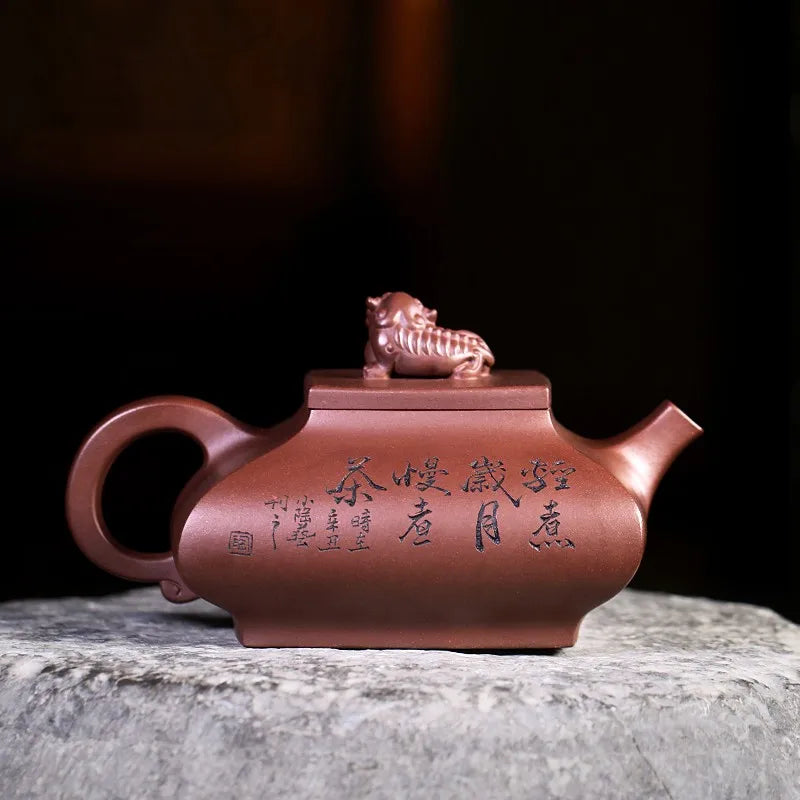 Zanghutianxia Yixing Purple Clay Pot Hand-Carved Purple Sand Tea Set Raw Ore Purple Cinnabar Sand Teapot Double Lion Play Bead P