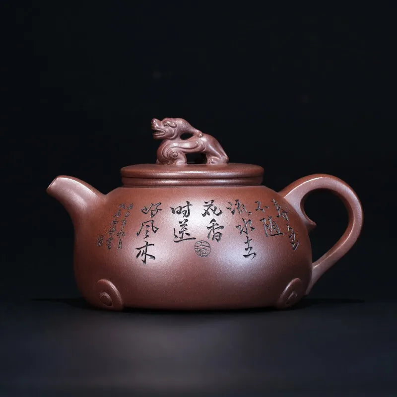 Zanghutianxia Yixing Purple Clay Pot Hand-Carved Purple Sand Tea Set Raw Ore Purple Cinnabar Sand Teapot Double Lion Play Bead P