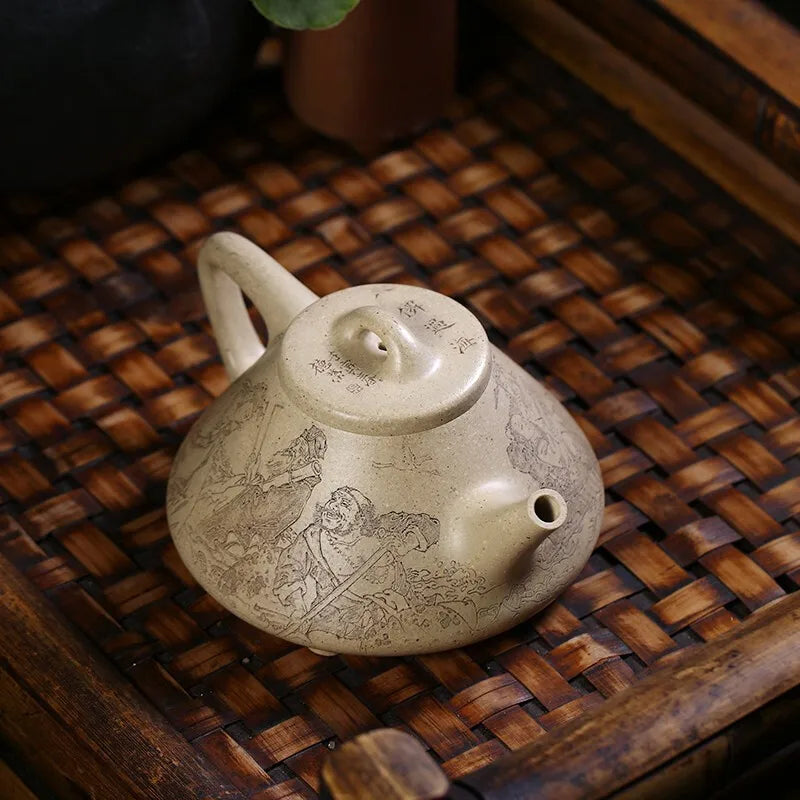 Zanghutianxia Yixing Purple Clay Pot Handmade Carved Eight Immortals Crossing the Sea Tea Set Raw Ore Benshan Green Mud Handmade