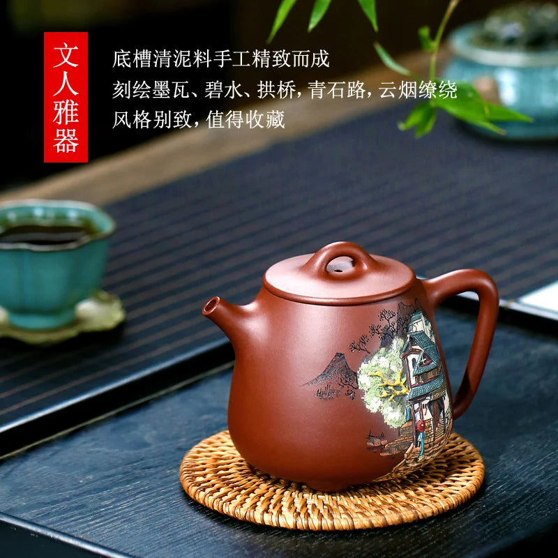 |Zhang Xiaoling clay painted relief purple clay bottom groove clear purple sand teapot tea set Kung Fu single pot