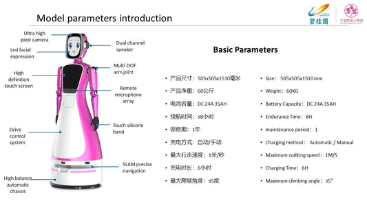 brand new smart intelligent automatic robot waiter for restaurant hotel showing advertisements guiding  welcoming