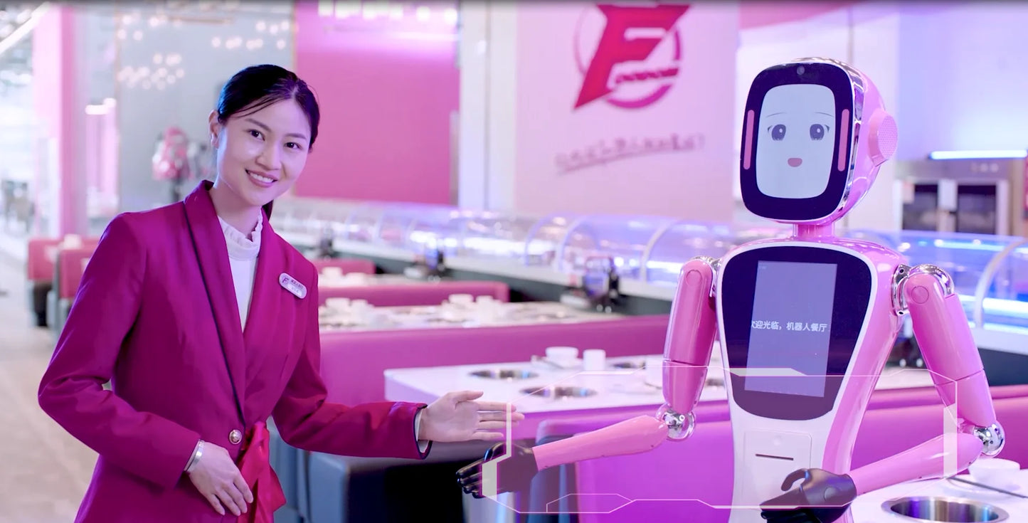 brand new smart intelligent automatic robot waiter for restaurant hotel showing advertisements guiding  welcoming