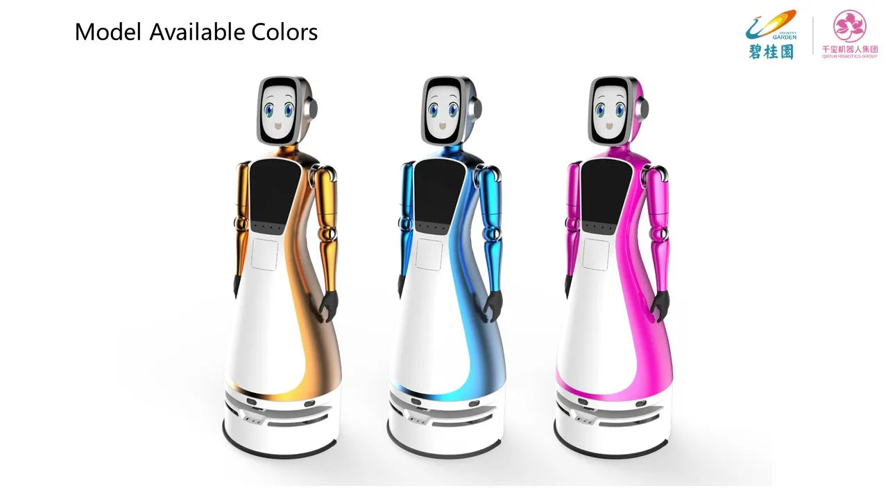 brand new smart intelligent automatic robot waiter for restaurant hotel showing advertisements guiding  welcoming