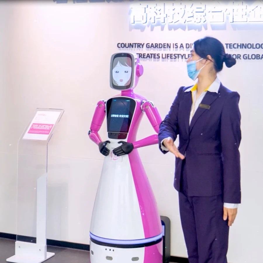 brand new smart intelligent automatic robot waiter for restaurant hotel showing advertisements guiding  welcoming