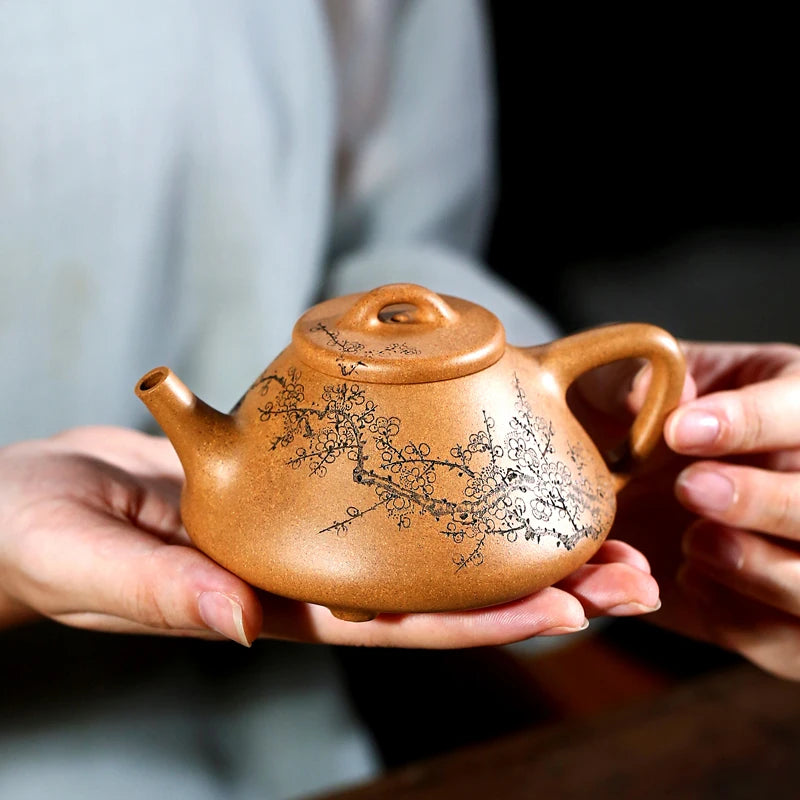 |clay pot National Engineering pure full manual clay carved tea pot tea set set Kungfu single pot Smelting Stone ladle