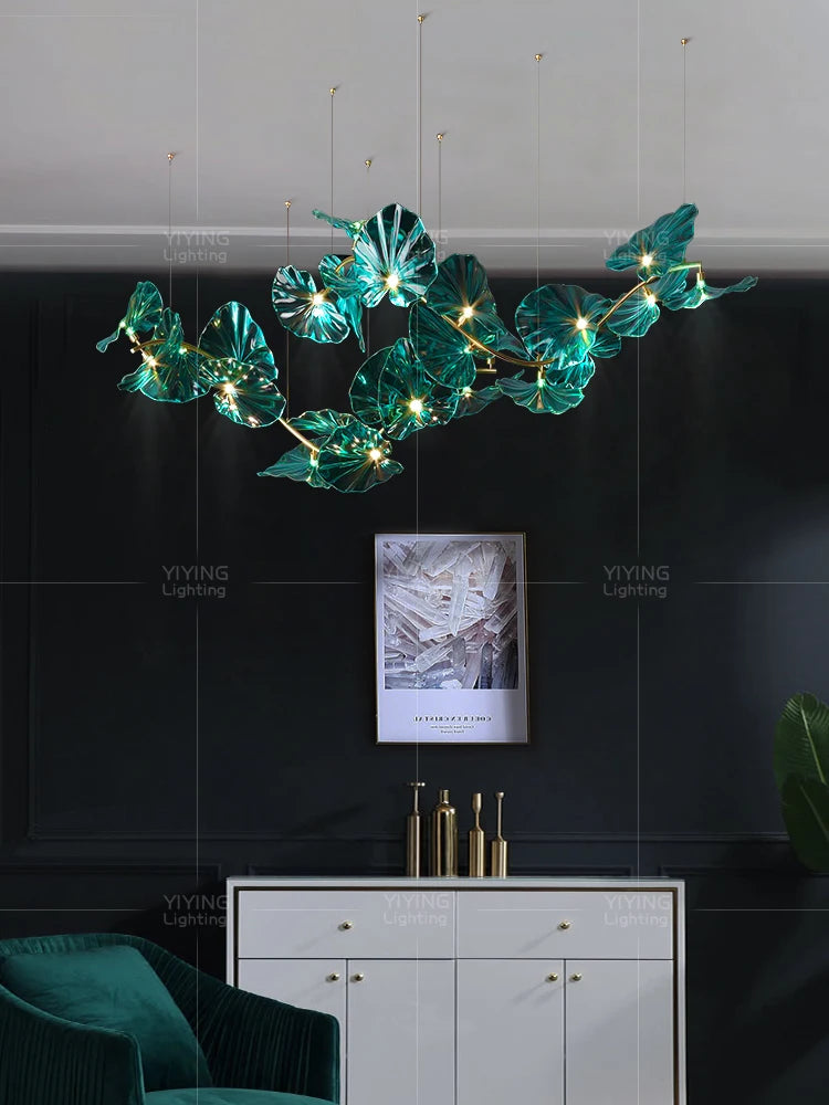 copper light luxury chandelier villa living room light lotus leaf tea room light modern bedroom dining room glass chandelier