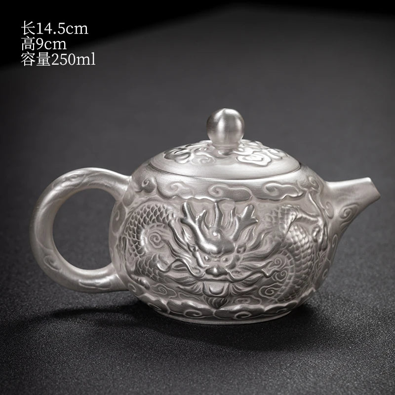 |high-grade teapot 999 sterling silver hand relief fine silver side longfeng xi shi the household single pot pot of tea