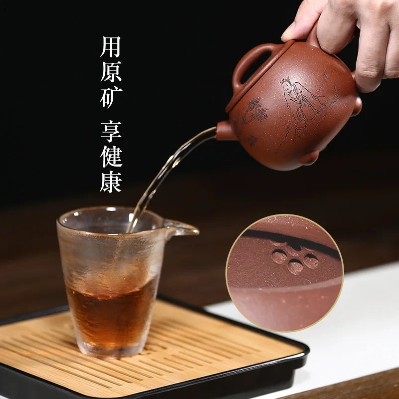 |masters art yixing recommended pure manual teapot kung fu tea set carved painting masters three-legged ladle pot of fat