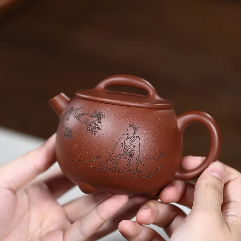 |masters art yixing recommended pure manual teapot kung fu tea set carved painting masters three-legged ladle pot of fat