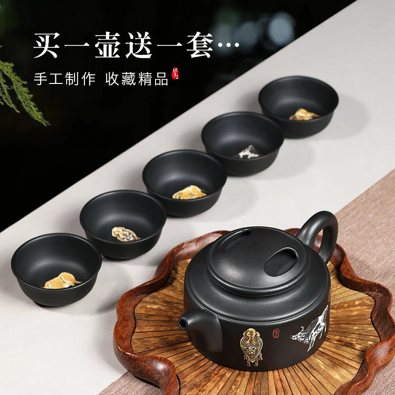 |pot Mingxiang purple clay pot Yixing famous family pure handmade raw ore black clay Wuniu pot Kung Fu Teapot Tea Set