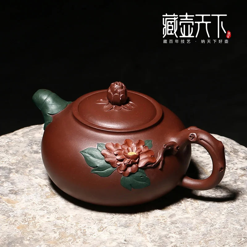 yixing recommended all hand pot of the world famous dell collect old purple clay teapot tea sets peony spring scenery