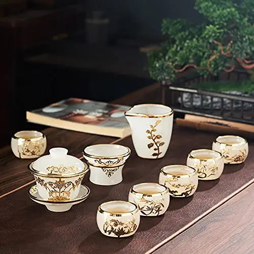 * MMOOKA Gold Inlaid Jade Glass Tea Set Complete Set Of Home Gift Box High-End (12-piece set)