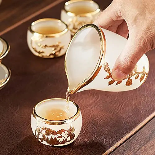 * MMOOKA Gold Inlaid Jade Glass Tea Set Complete Set Of Home Gift Box High-End (12-piece set)