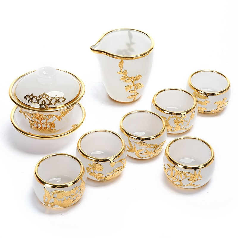 MMOOKA Gold Inlaid with Jade Glass Kung Fu Tea Set Silver Plated Cover Teacup Pitcher Complete Set Jade Porcelain Gift Box