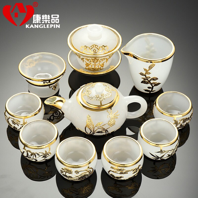 MMOOKA Gold Inlaid with Jade Glass Kung Fu Tea Set Silver Plated Cover Teacup Pitcher Complete Set Jade Porcelain Gift Box