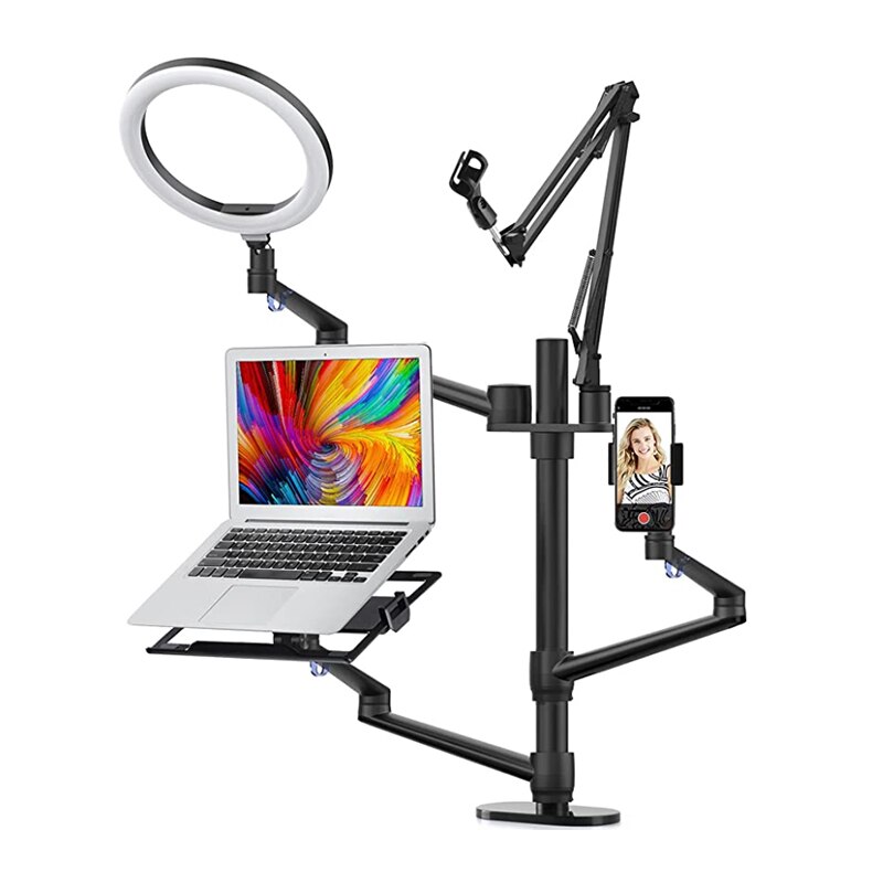 Selfie Desktop Live Stand Set 6-in-10&quot; LED Ring Light Microphone Mount Compatible with laptop Monitor Tablet Phone