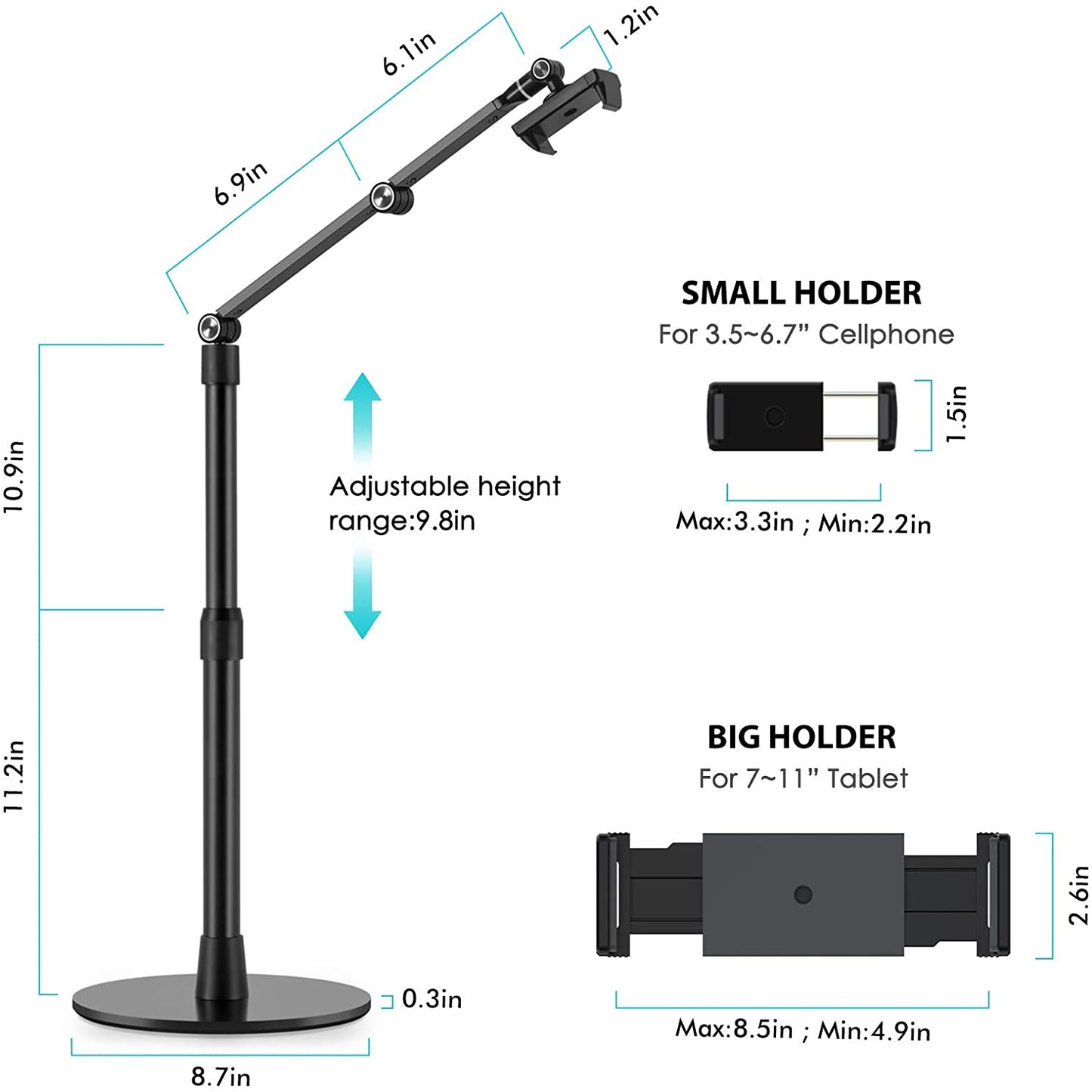 Tablet Phone Overhead Stand, Height &amp; Angle Adjustable, Aluminum Desktop Stand, Compatible with 3.5-11&quot; Cellphone and Tablets